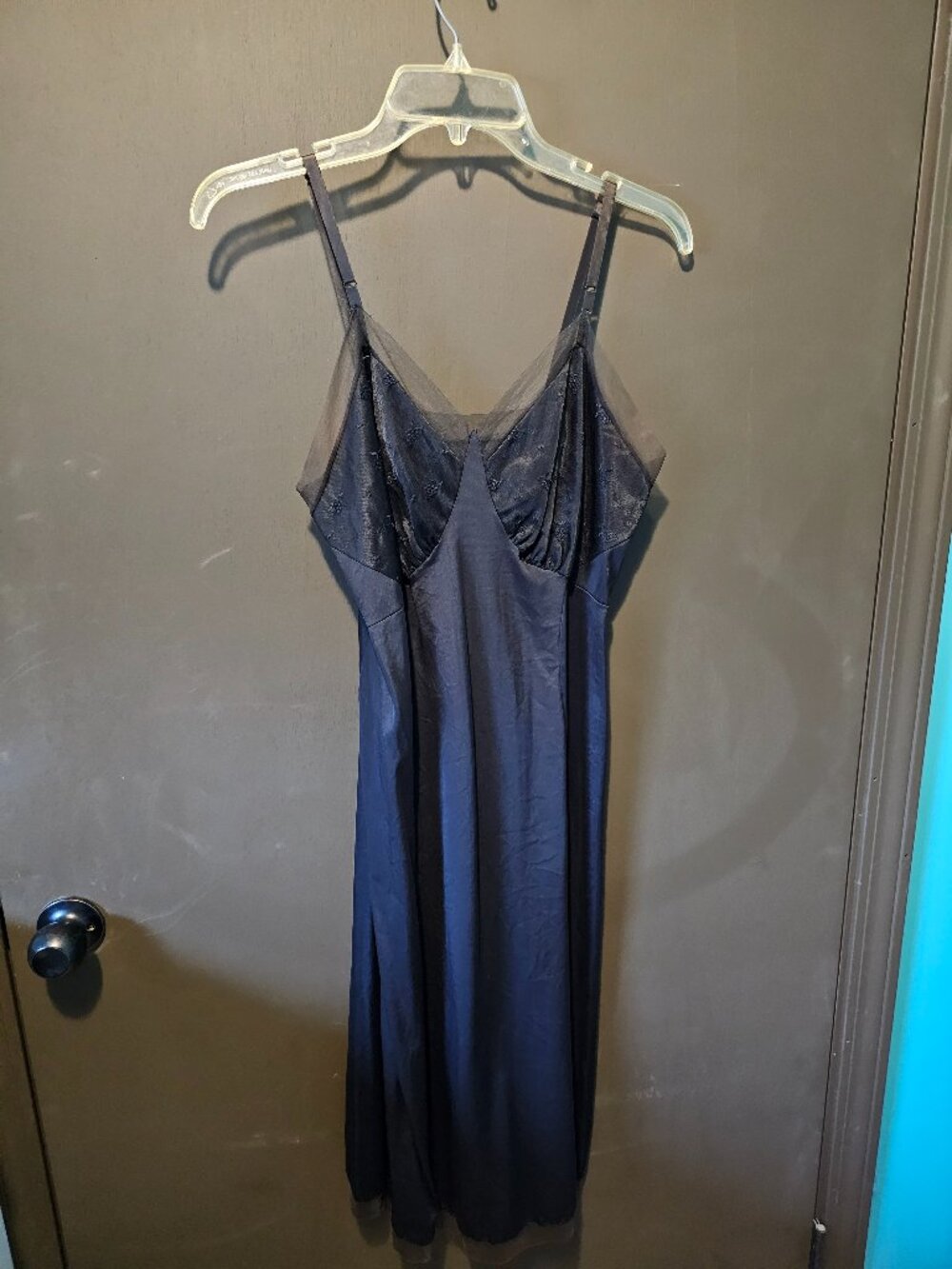 Vintage Mid Century Seamprufe Black Nylon Slip Dress with Adjustable Straps